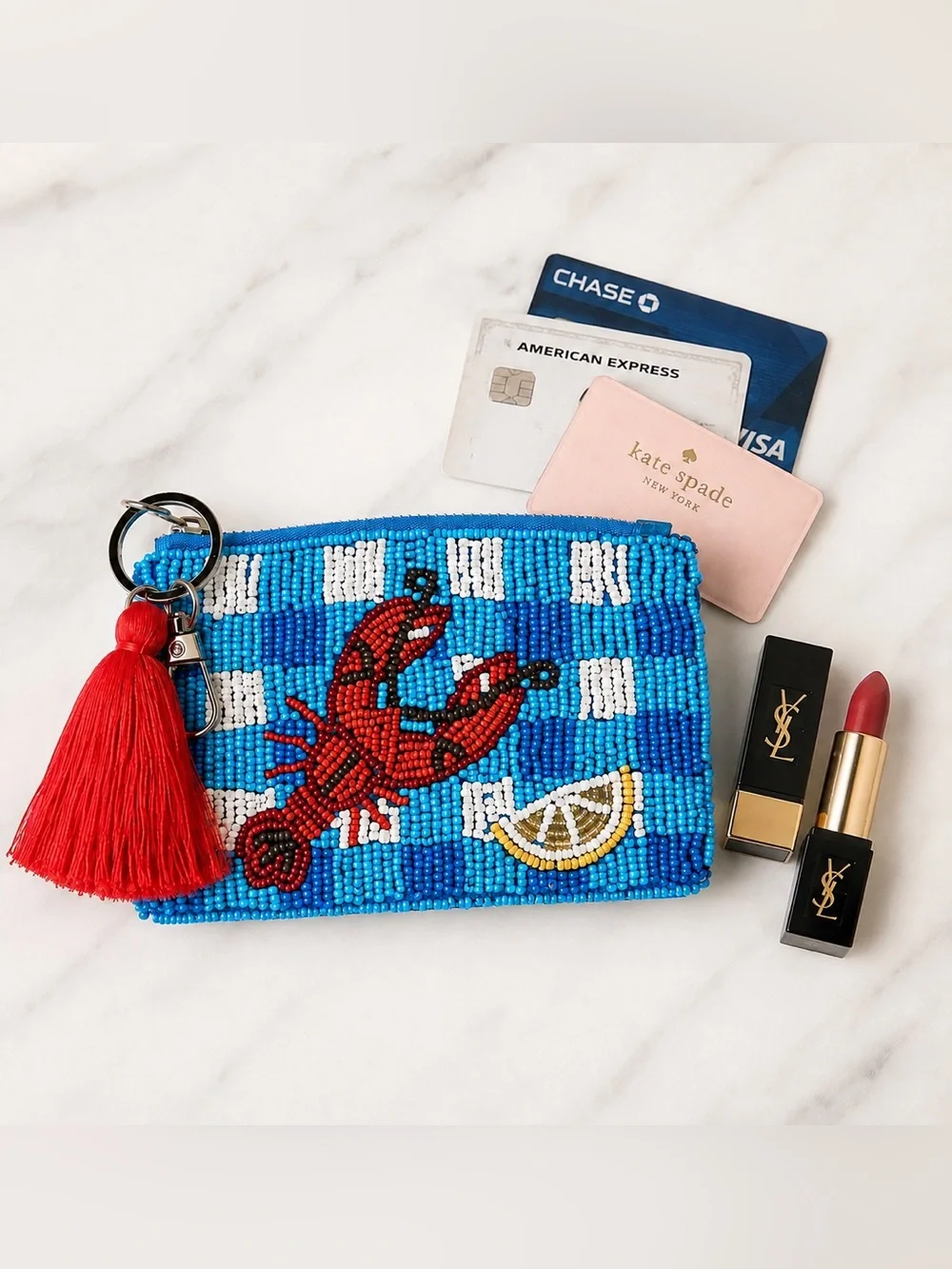 Stripe Lemon Beaded Coin Pouch – Blue Multi NWT | Beaded Zip Pouch 🦞💄
